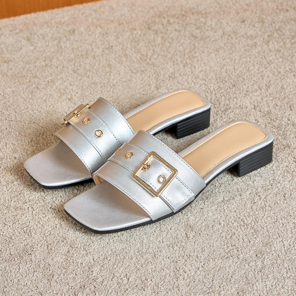 Elegant Women's Fashion Square Buckle Slippers, Women Shoes