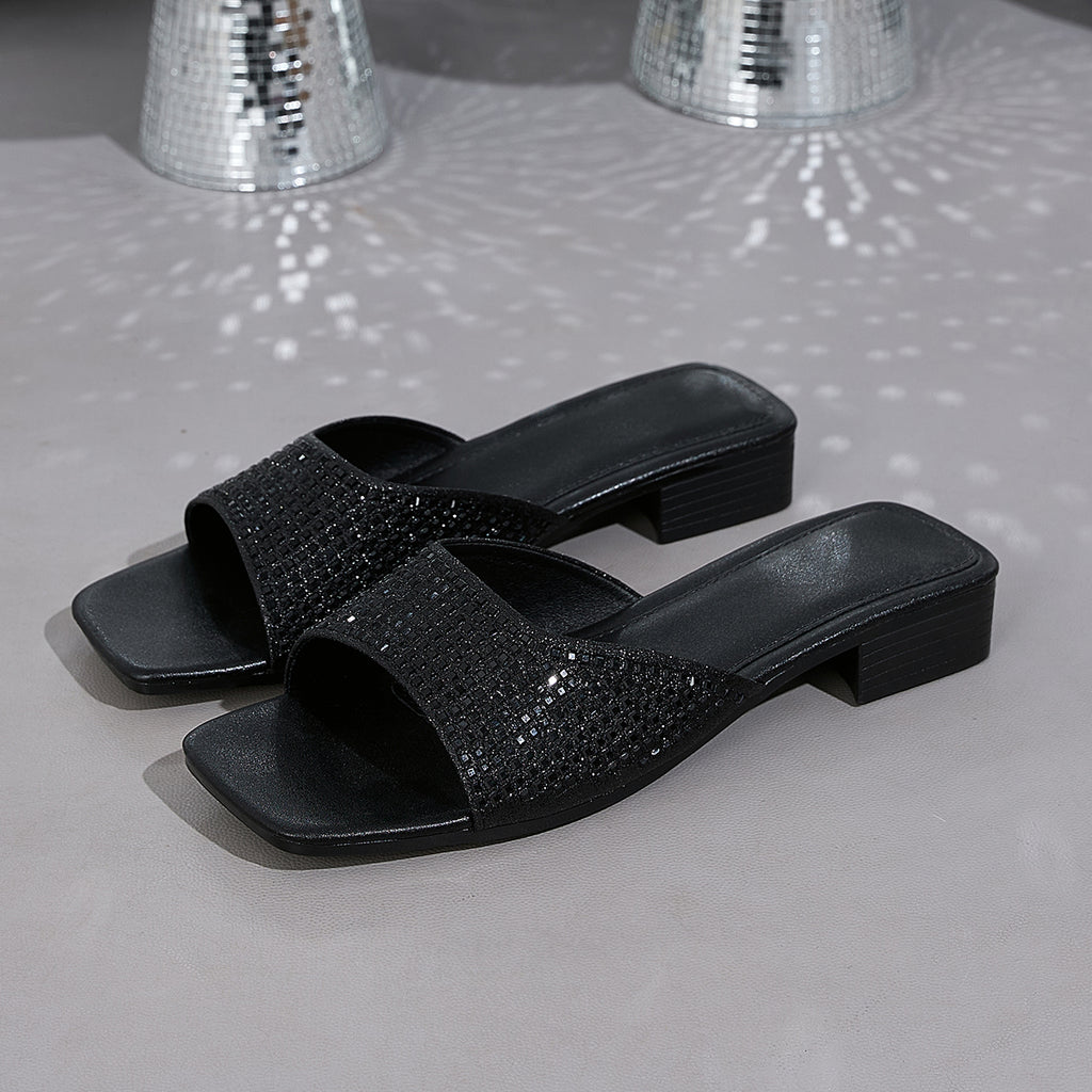 Elegant Women's Square-Toe Sandals with Sparkling Rhinestones, Women Shoes