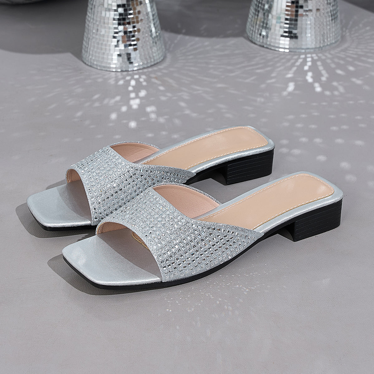 Elegant Women's Square-Toe Sandals with Sparkling Rhinestones, Women Shoes