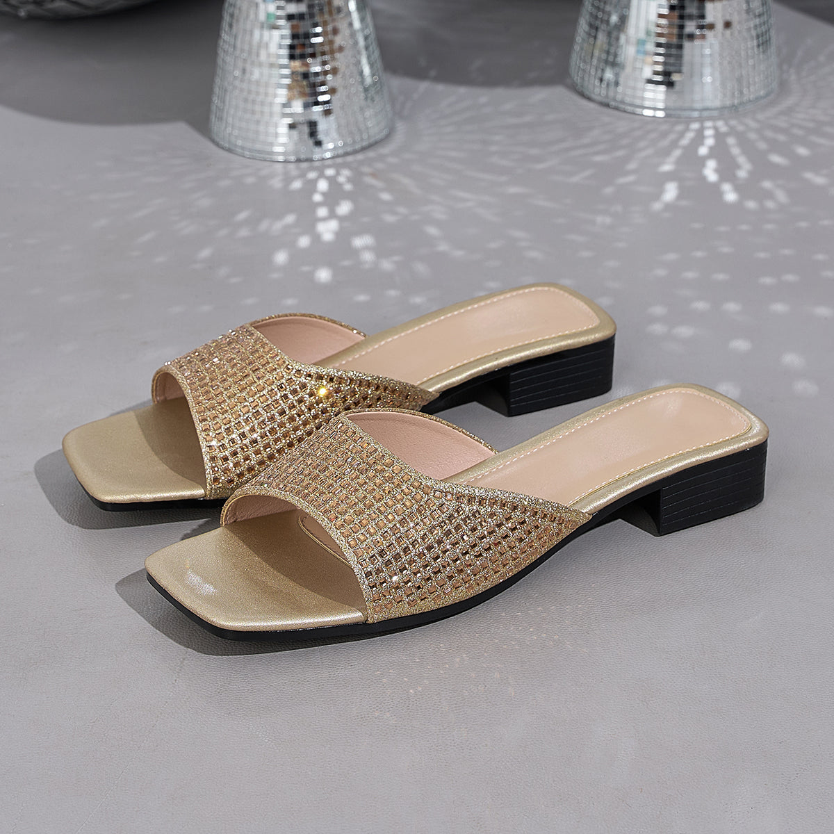 Elegant Women's Square-Toe Sandals with Sparkling Rhinestones, Women Shoes