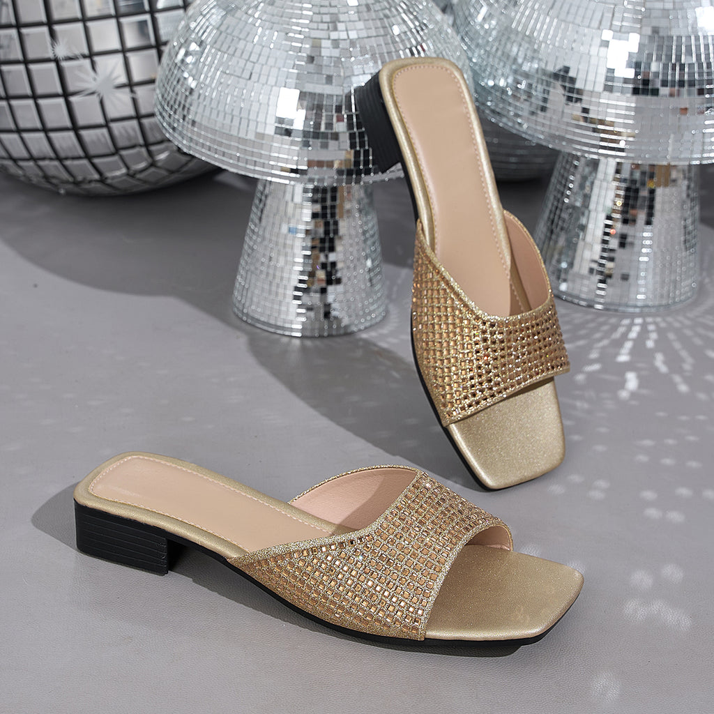 Elegant Women's Square-Toe Sandals with Sparkling Rhinestones, Women Shoes