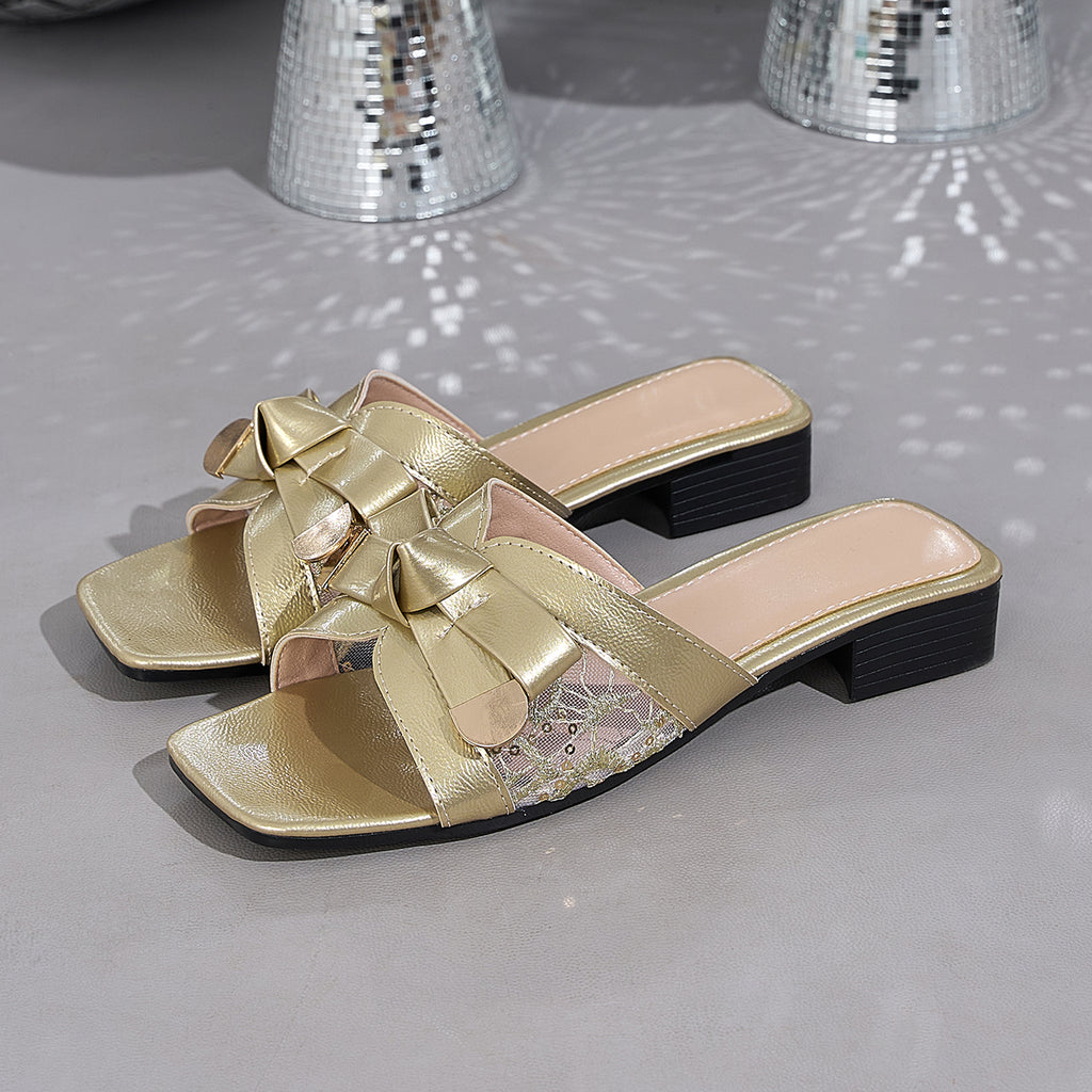 Elegant Lady Lace Bow Square Toe Sandals, Women Shoes