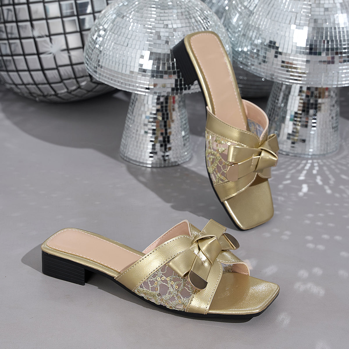 Elegant Lady Lace Bow Square Toe Sandals, Women Shoes