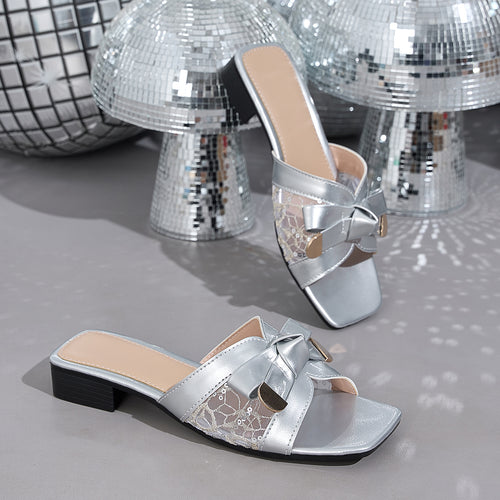 Elegant Lady Lace Bow Square Toe Sandals, Women Shoes