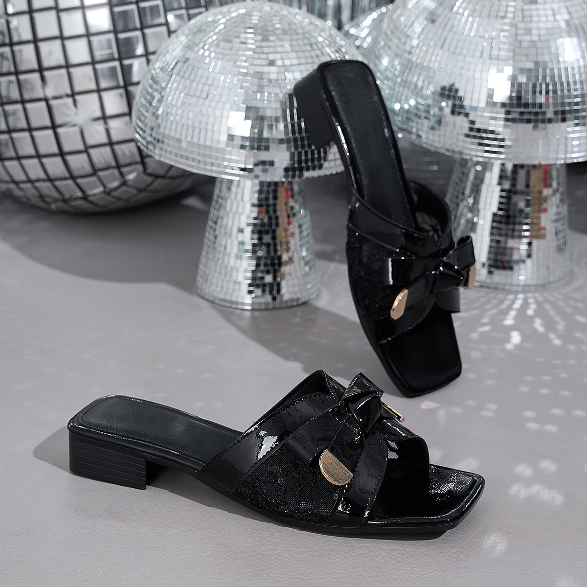 Elegant Lady Lace Bow Square Toe Sandals, Women Shoes