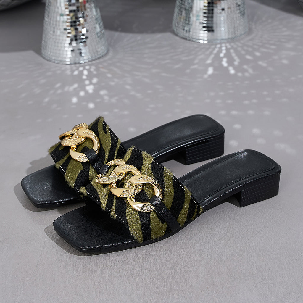 Elegant Women's Zebra Print Sandals with Large Golden Chain Decoration, Women Shoes