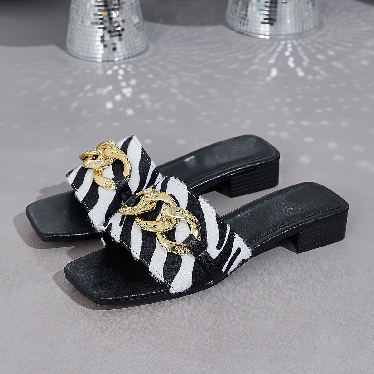 Elegant Women's Zebra Print Sandals with Large Golden Chain Decoration, Women Shoes