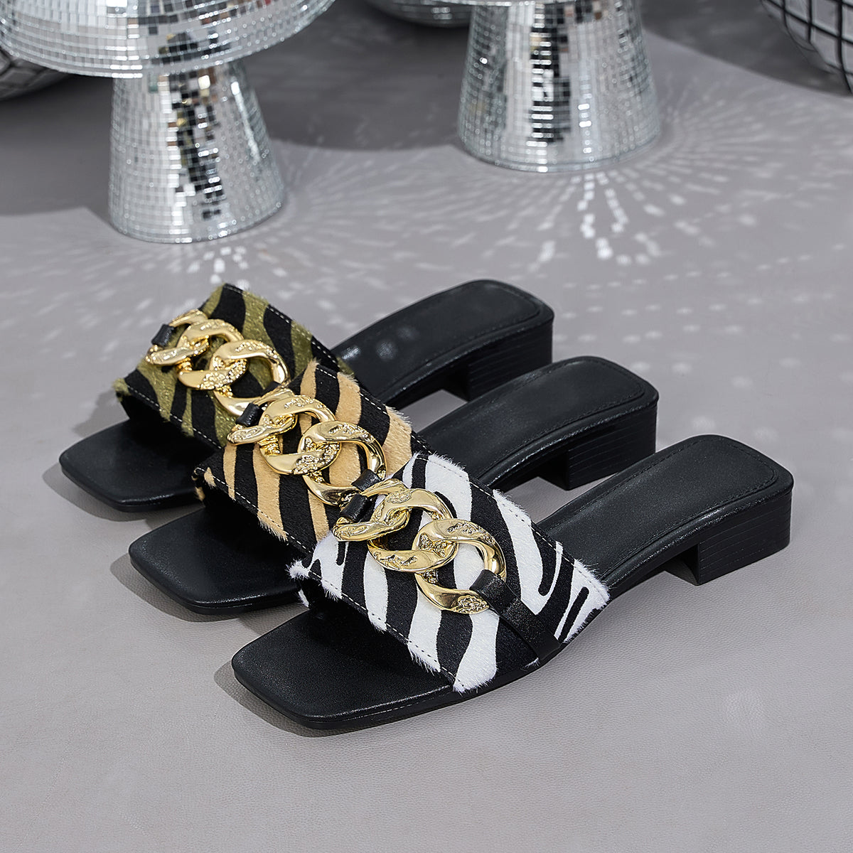 Elegant Women's Zebra Print Sandals with Large Golden Chain Decoration, Women Shoes