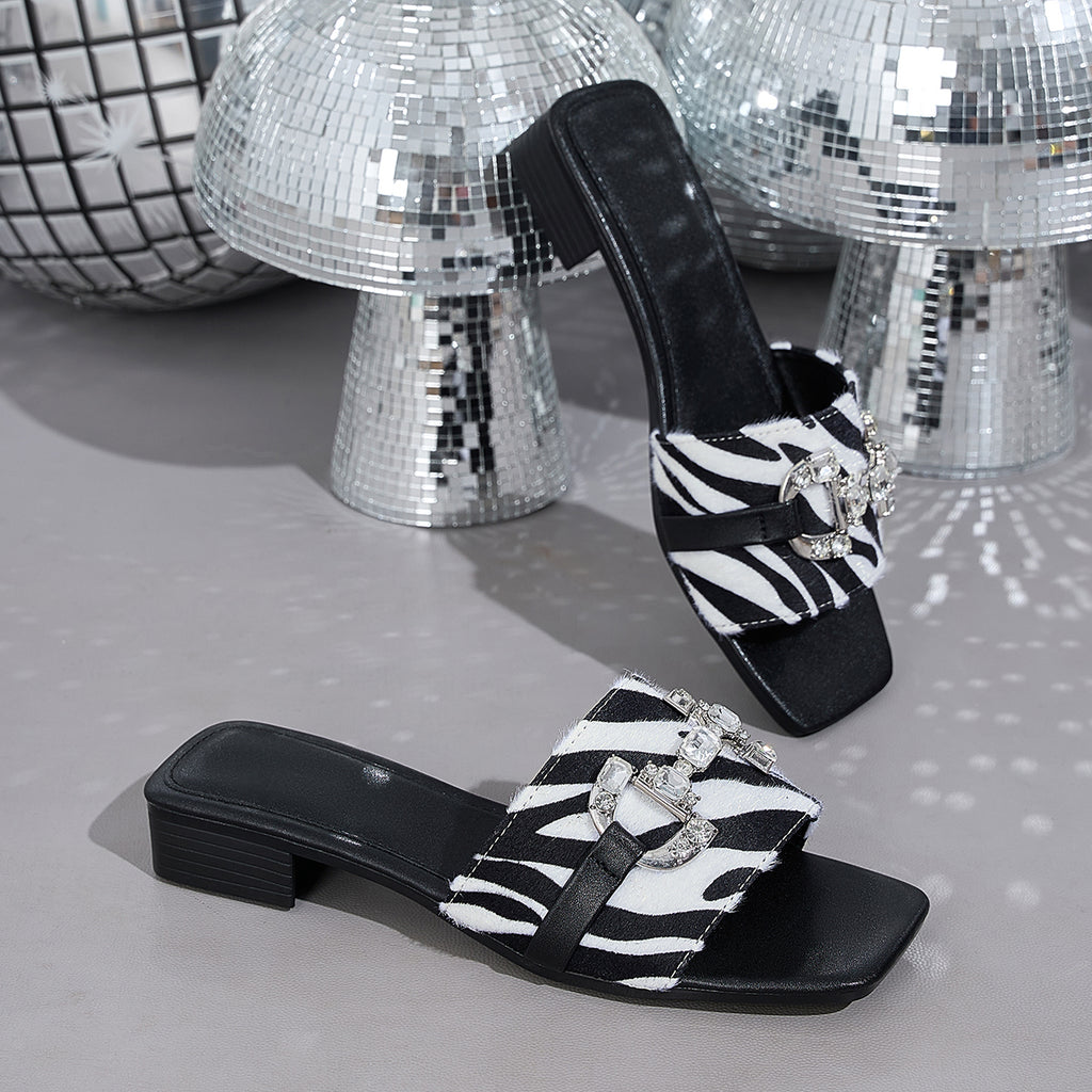 Elegant Women'S Zebra Print Rhinestone Buckle Versatile Sandals, Women Shoes