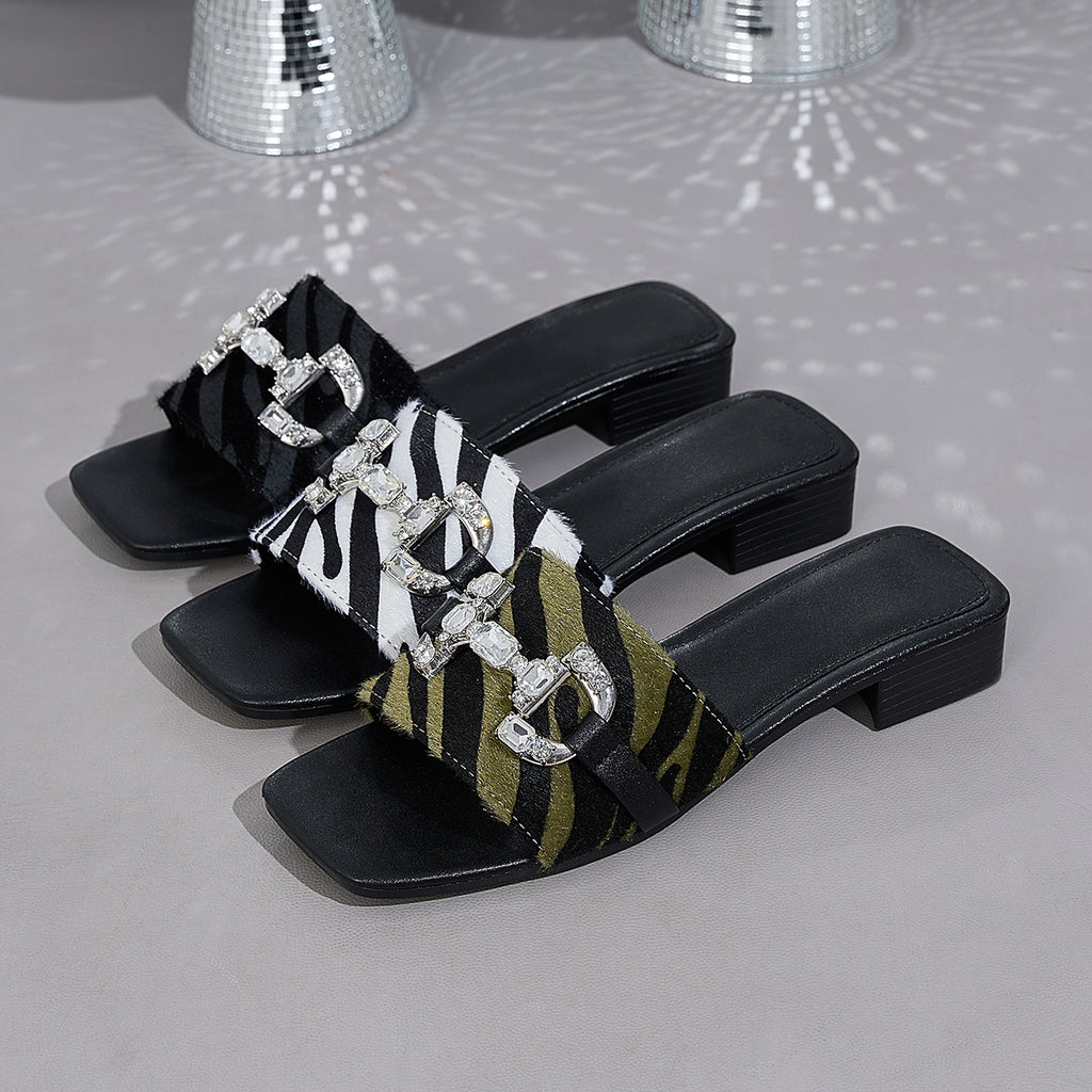 Elegant Women'S Zebra Print Rhinestone Buckle Versatile Sandals, Women Shoes