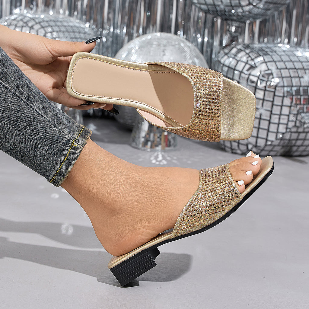 Elegant Women's Square-Toe Sandals with Sparkling Rhinestones, Women Shoes