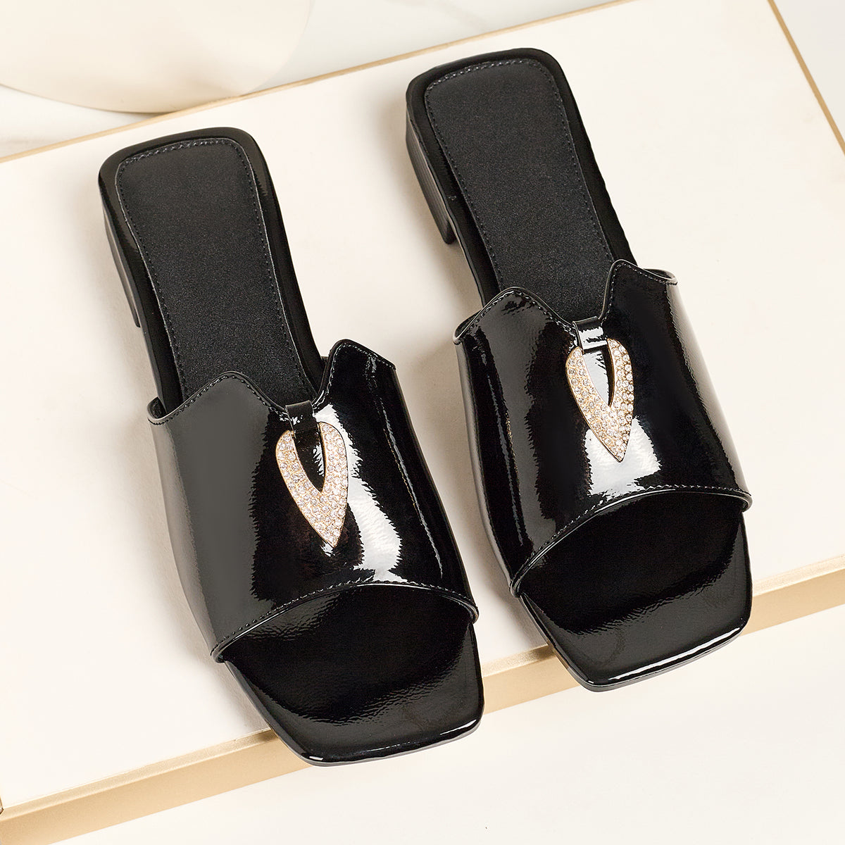 Women'S Elegant Open-Toe Flat Low-Heel Sandals, Fashionable Square Toe with Diamond Buckle, Slip-On Style, Suitable for Casual, Party, Banquet, And Outdoor Wear., Women Shoes