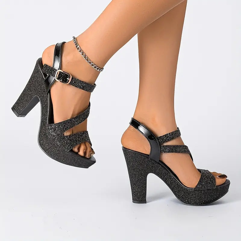 Elegant Women's All-Season Versatile Chunky Heel Sandals, Metallic Round-Toe Hollow Fashion Shoes, Essential for Parties, Nightclubs, and Professional Occasions, Women Shoes