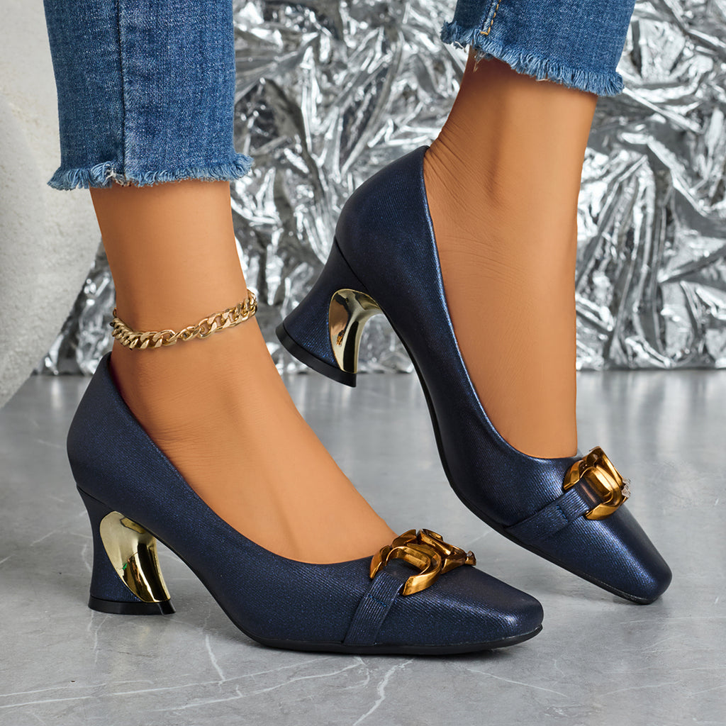 Elegant Women'S Casual Fashion Square-Toed High Heels with Metal Buckles, Comfortable Chunky Heels Suitable for, Leisure, And Professional Parties., Women Shoes