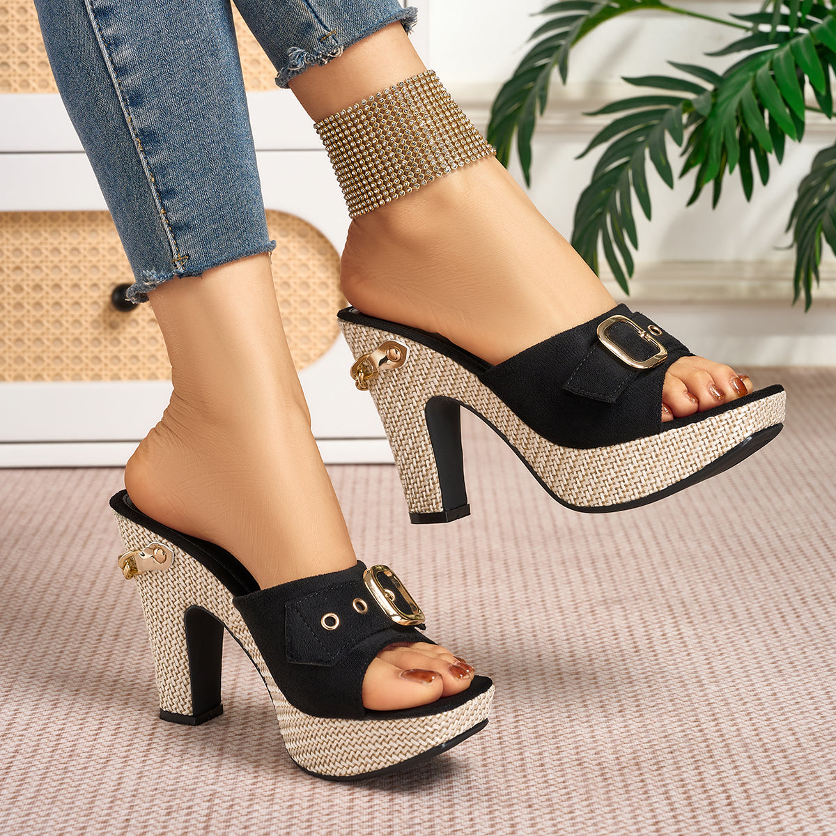 Elegant Women's High-heeled Shoes with Metal Buckle and Chain Detail, Women Shoes