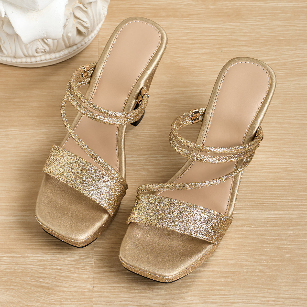 Elegant and Fashionable High-heeled Sandals for Women, Featuring a Square Toe and Shiny Open-toe Design. Suitable for Banquets, Parties, Travel, Work, and Any Occasion, Women Shoes
