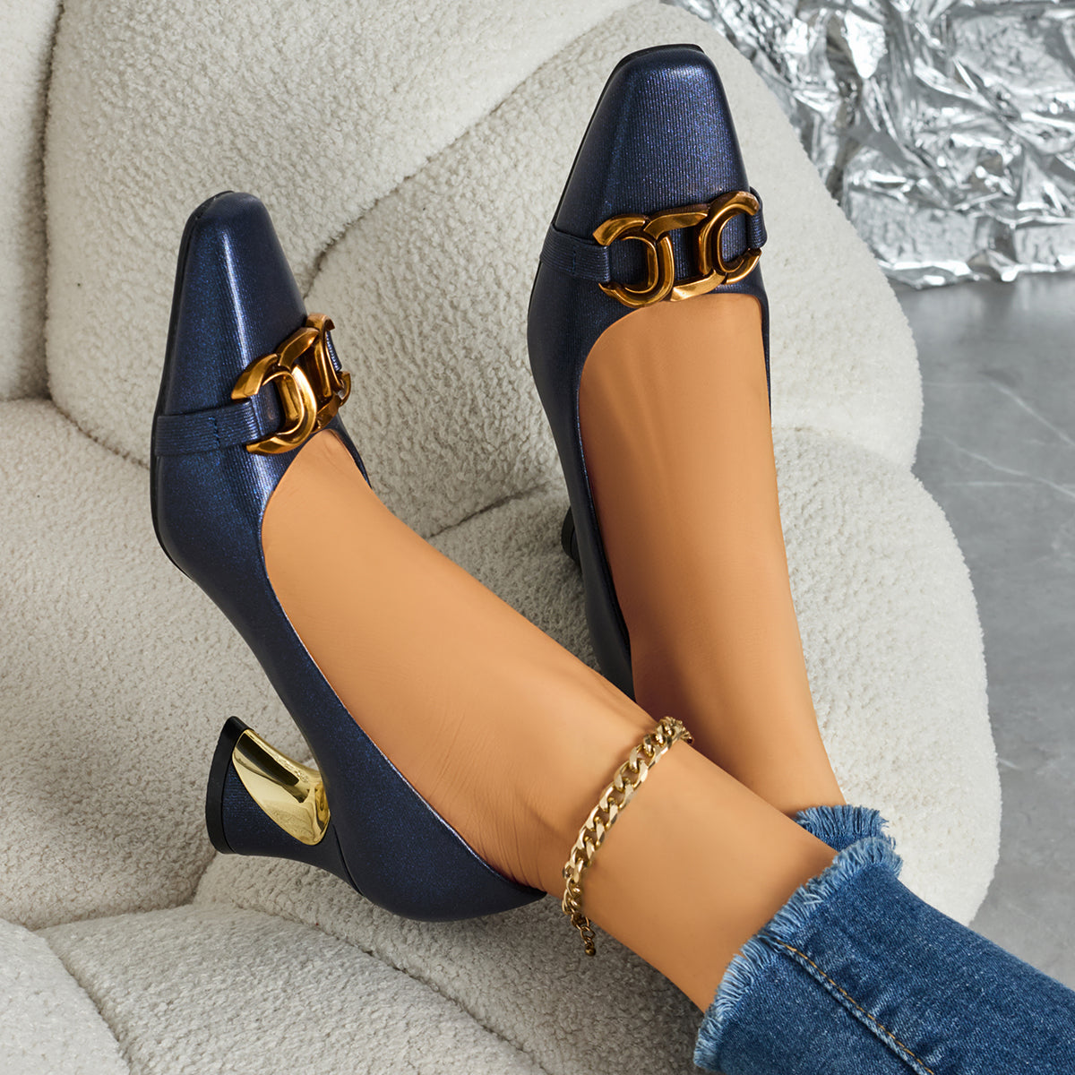 Elegant Women'S Casual Fashion Square-Toed High Heels with Metal Buckles, Comfortable Chunky Heels Suitable for, Leisure, And Professional Parties., Women Shoes