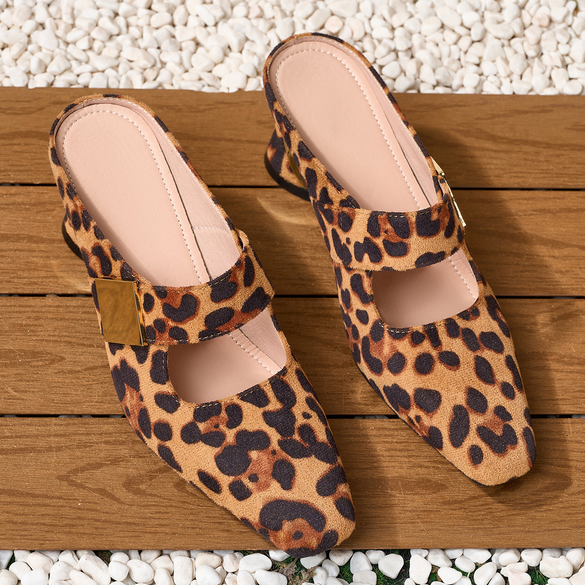 Elegant Women's Small Square-Toe Leopard Print Ankle Strap Chunky Heel Mule High Heel Sandals, Women Shoes