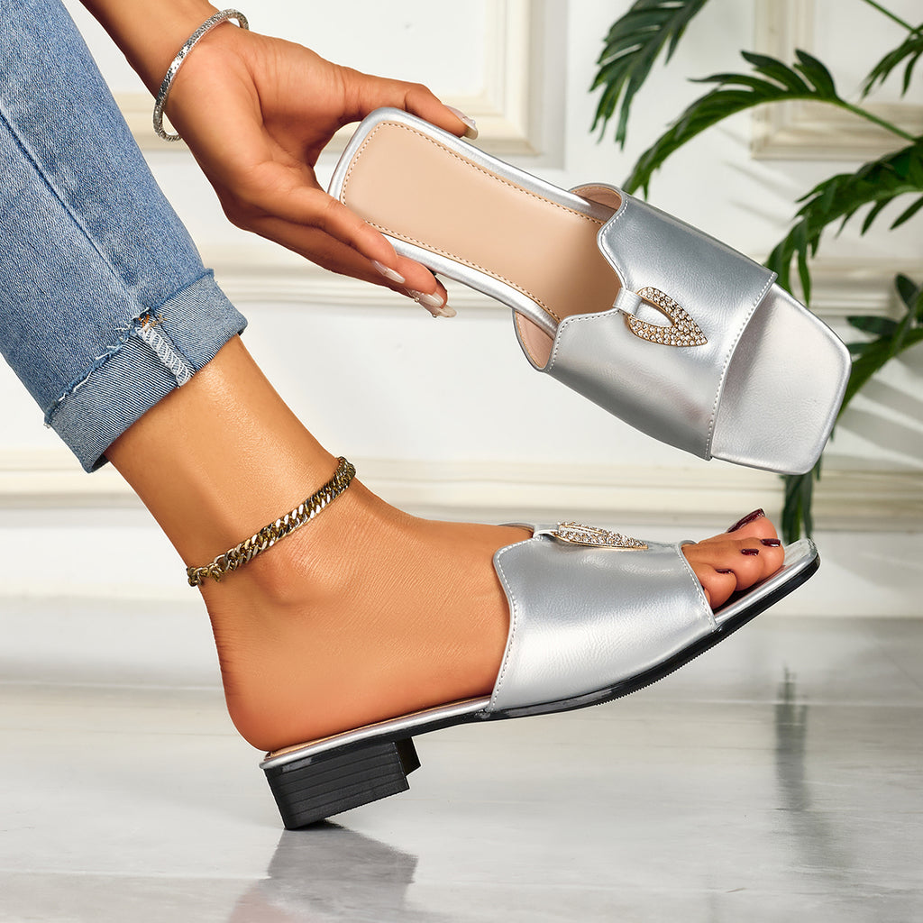 Women'S Elegant Open-Toe Flat Low-Heel Sandals, Fashionable Square Toe with Diamond Buckle, Slip-On Style, Suitable for Casual, Party, Banquet, And Outdoor Wear., Women Shoes