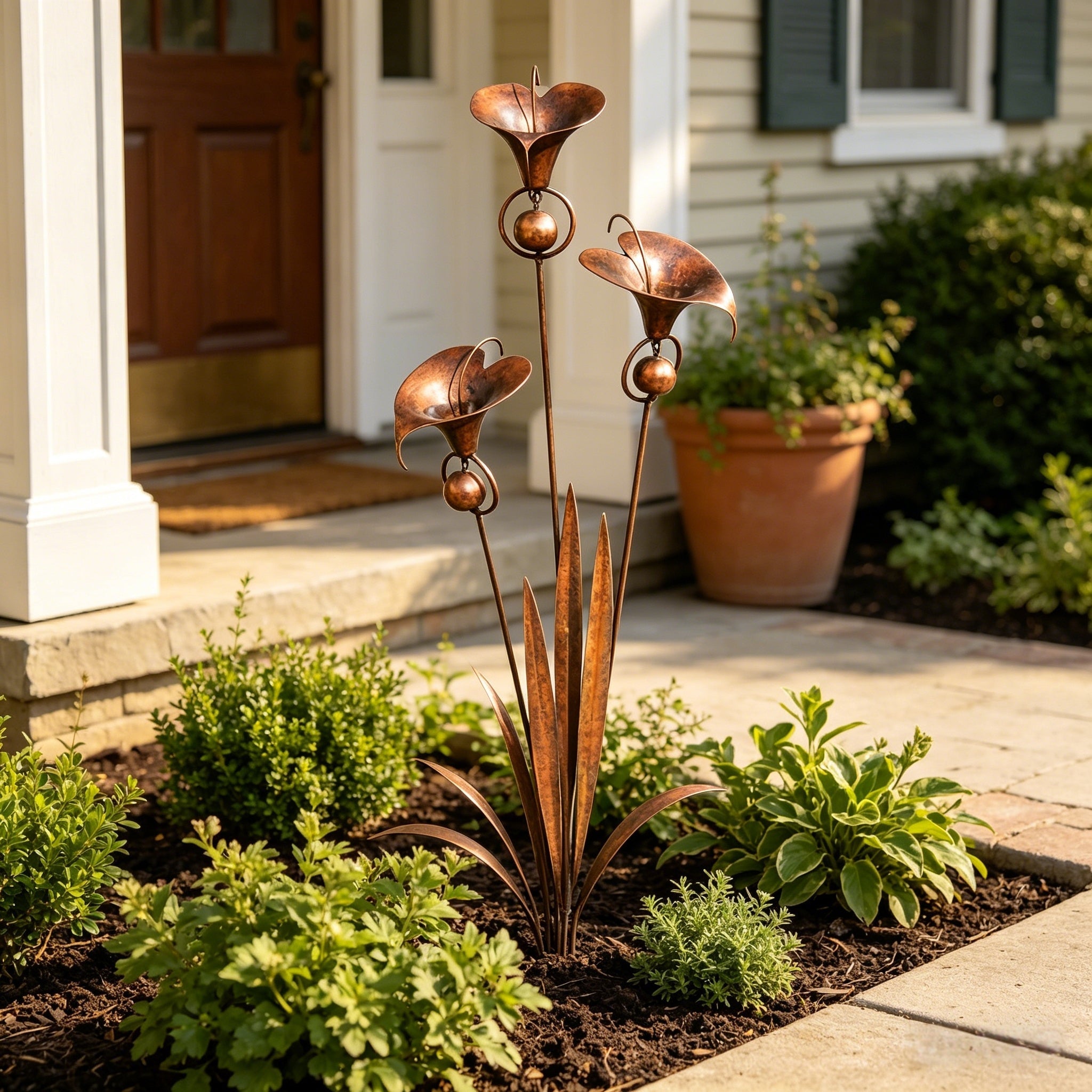 Flamed Copper Three Calla Lilies Garden Stake with Bells. 28 Handcrafted Outdoor Yard Art