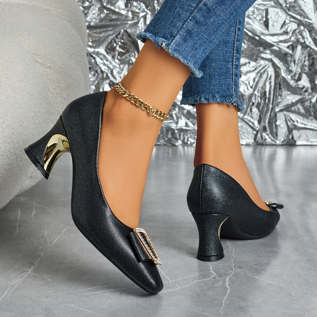 Ladies' Stylish Casual Square-Toed High Heels, Comfortable Chunky Heel Versatile Style., Women Shoes