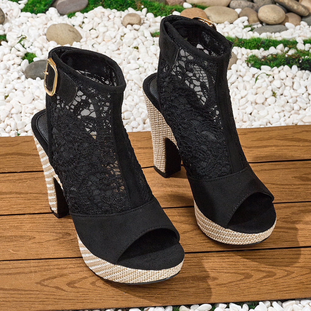 Elegant Bohemian Mid-Calf High Heel Sandals with Embroidered Mesh Design, Thick-Soled Ethnic Style Women's Shoes, Suitable for Banquets, Parties, Work, and Various Occasions, Women Shoes