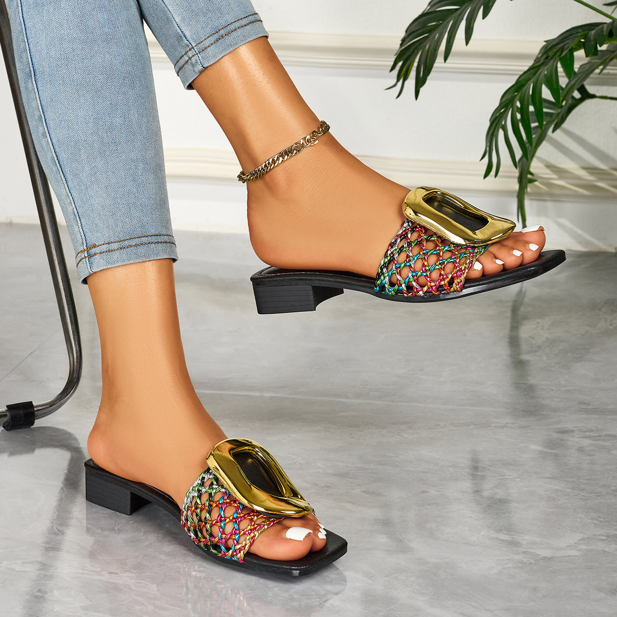 Woven Open-Toe Heeled Sandals with Gold Buckle, Comfortable Slip-On Style