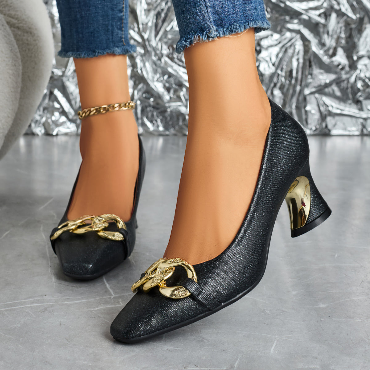 Elegant Women's Casual and Fashionable Small Square Metal Buckle High Heels, Comfortable and Versatile with Thick Heels, Suitable for Work, Leisure, Professional Parties, Women Shoes