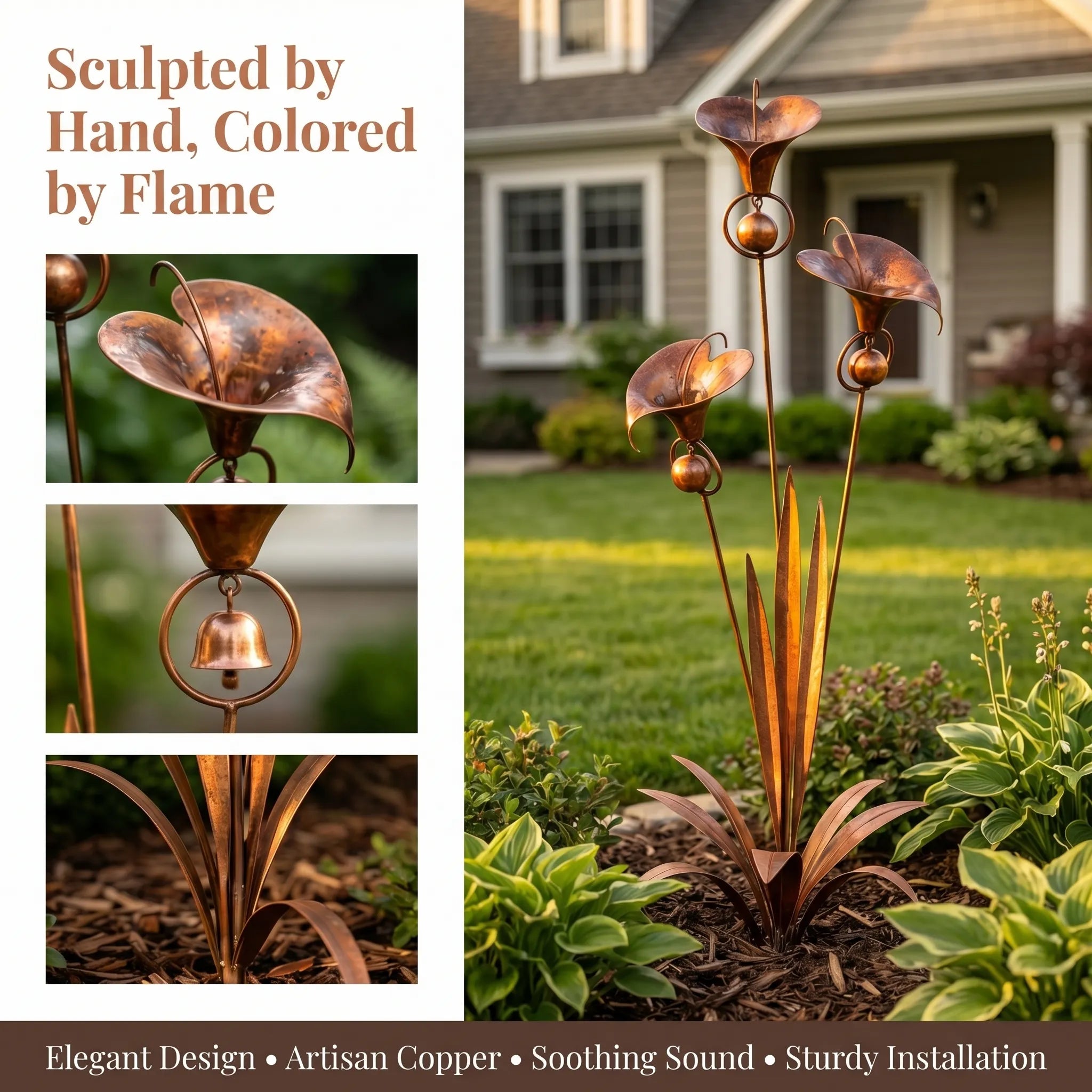 Flamed Copper Three Calla Lilies Garden Stake with Bells. 28 Handcrafted Outdoor Yard Art