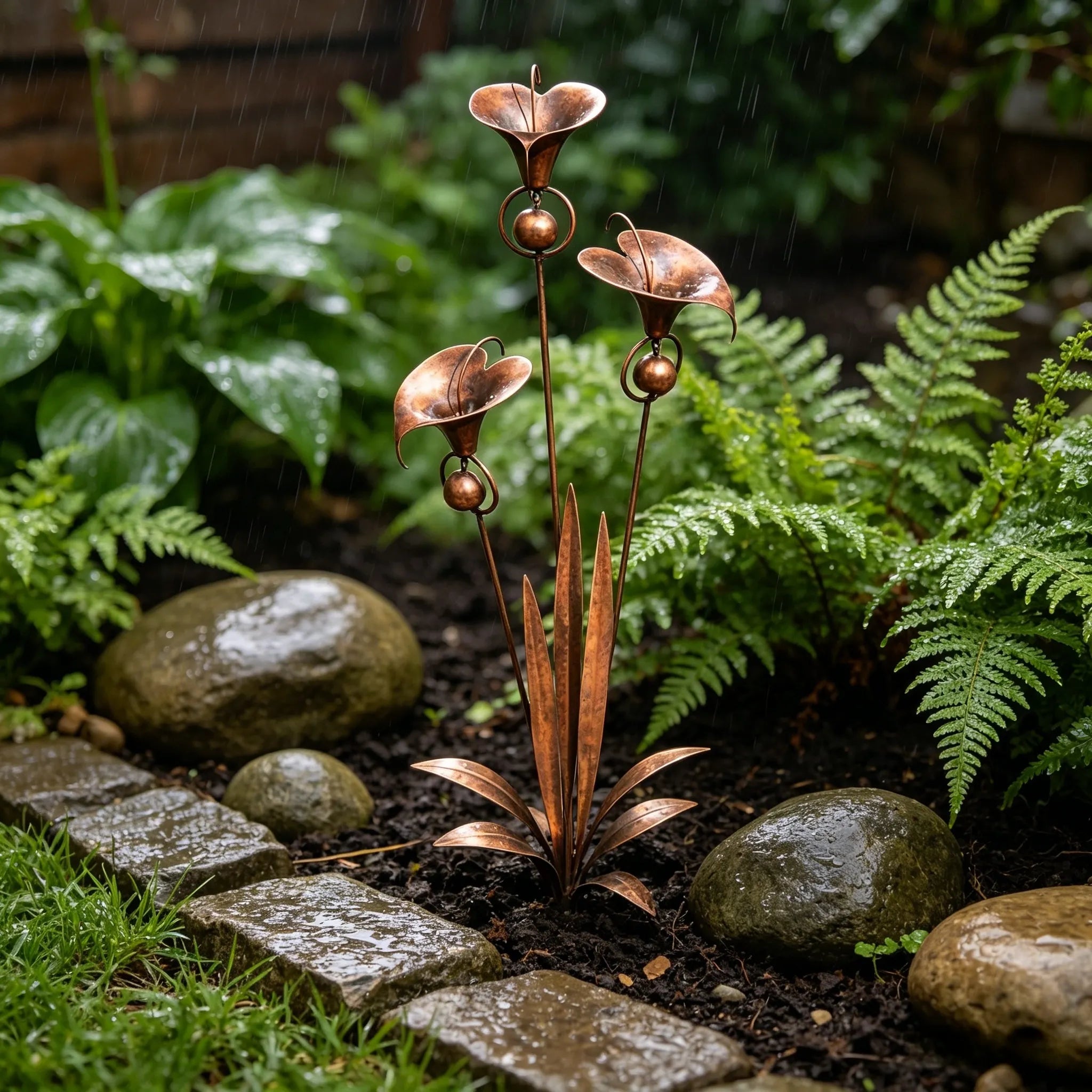 Flamed Copper Three Calla Lilies Garden Stake with Bells. 28 Handcrafted Outdoor Yard Art