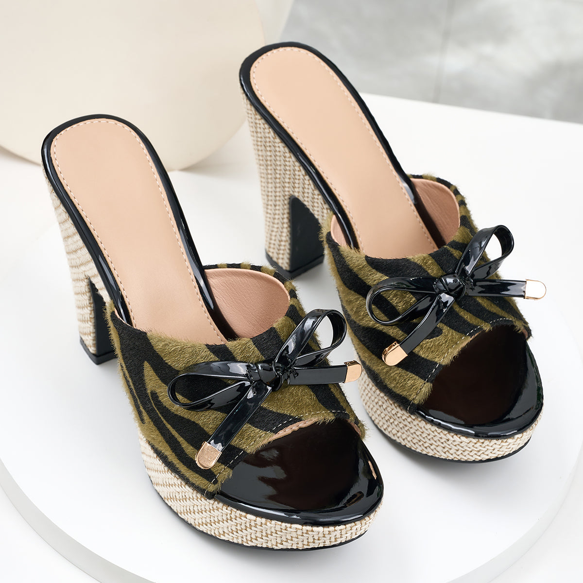 Elegant Women's Zebra Print Bow Open-Toe High Heel Sandals, Women Shoes