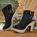 Elegant Bohemian Mid-Calf High Heel Sandals with Embroidered Mesh Design, Thick-Soled Ethnic Style Women's Shoes, Suitable for Banquets, Parties, Work, and Various Occasions, Women Shoes
