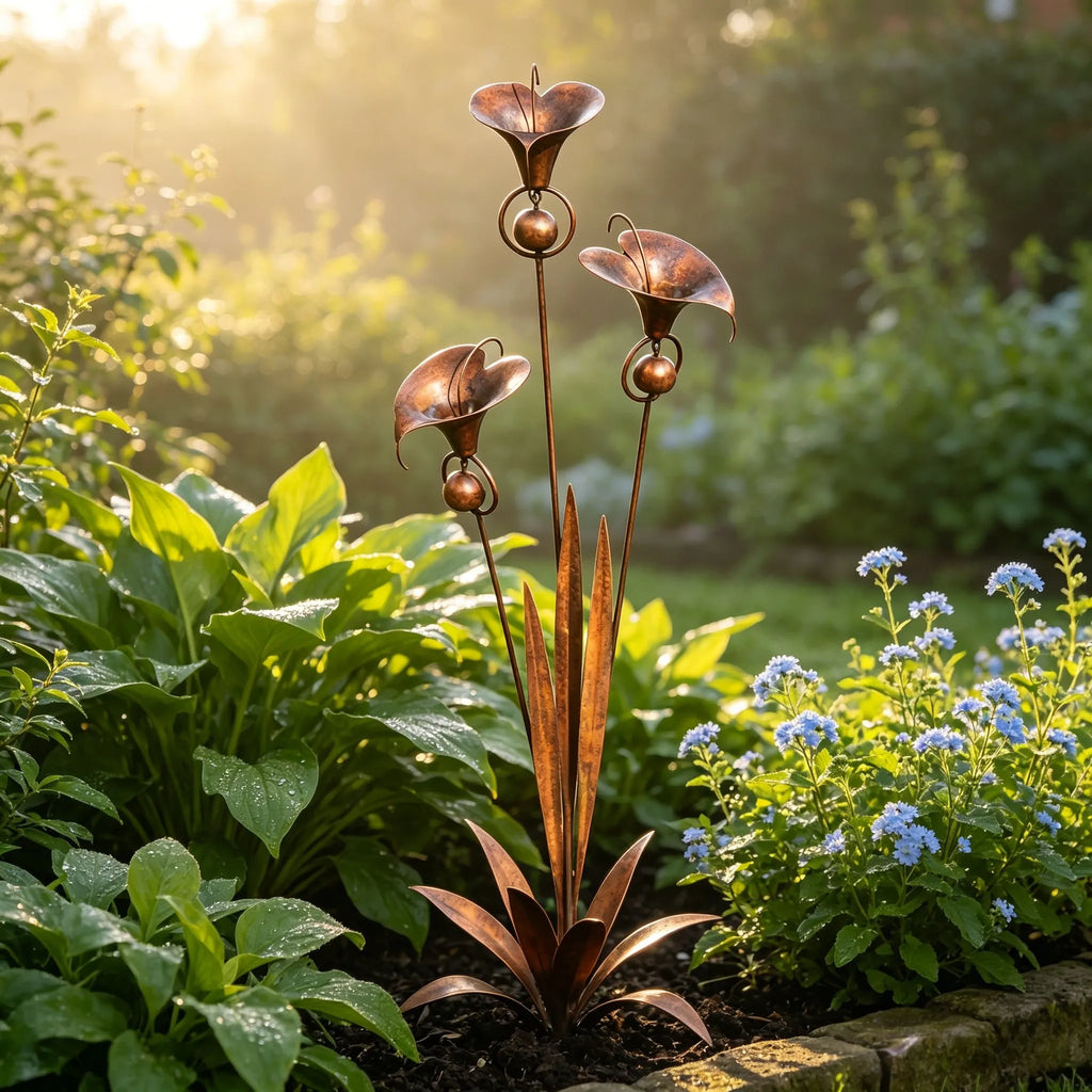 Flamed Copper Three Calla Lilies Garden Stake with Bells. 28 Handcrafted Outdoor Yard Art