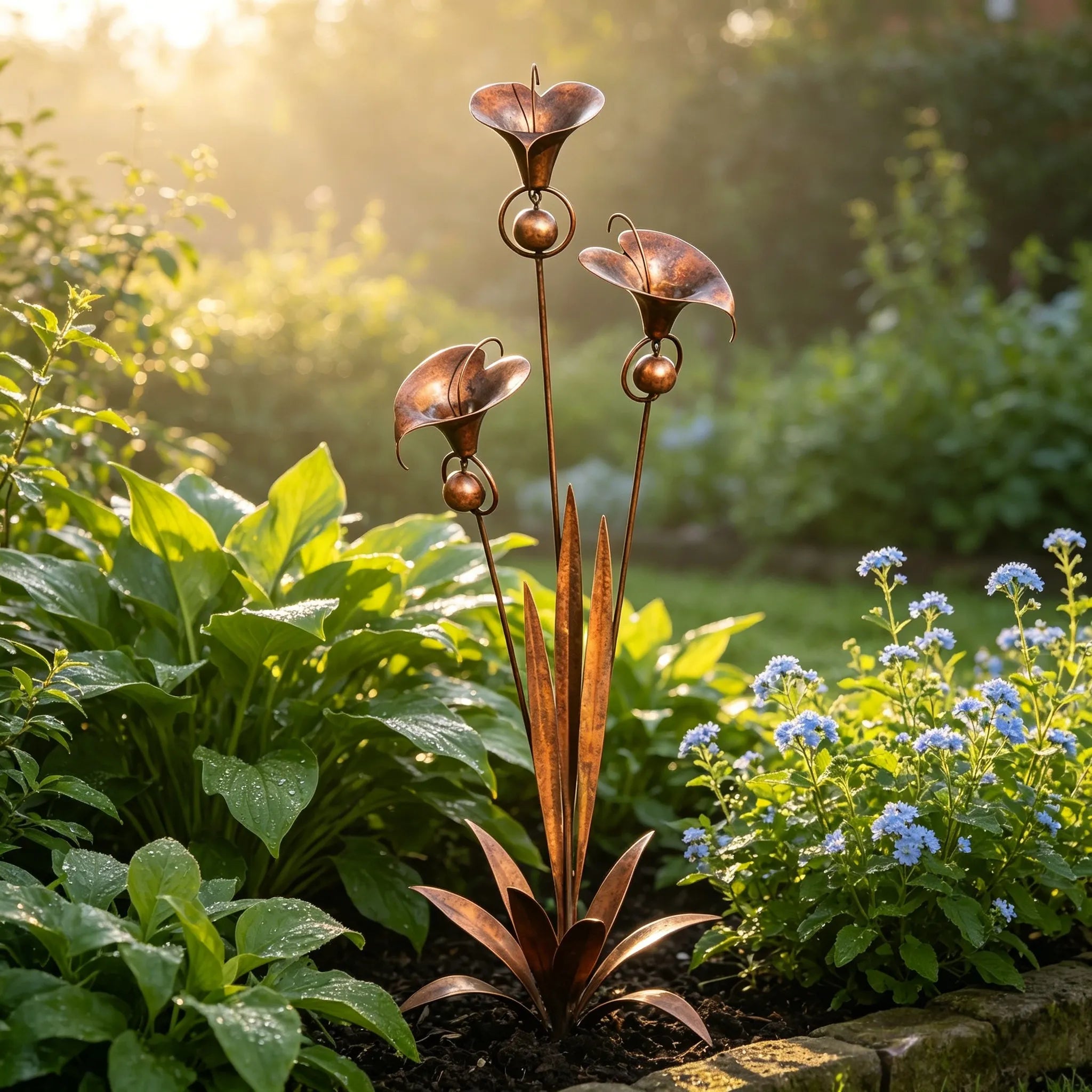 Flamed Copper Three Calla Lilies Garden Stake with Bells. 28 Handcrafted Outdoor Yard Art