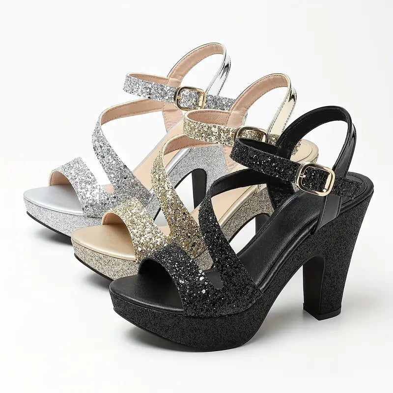 Elegant Women's All-Season Versatile Chunky Heel Sandals, Metallic Round-Toe Hollow Fashion Shoes, Essential for Parties, Nightclubs, and Professional Occasions, Women Shoes