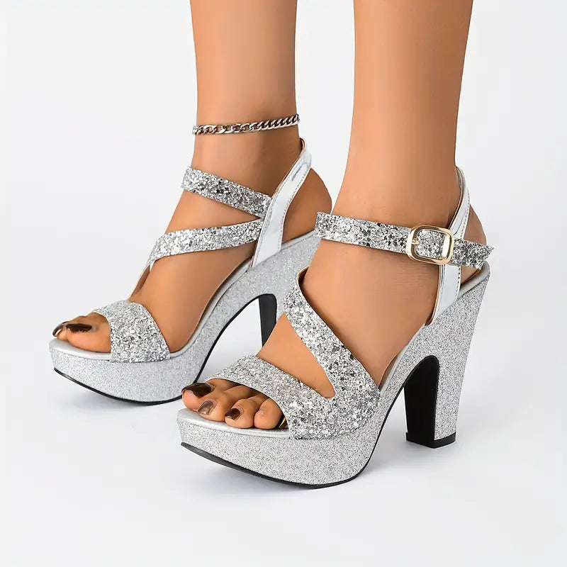 Elegant Women's All-Season Versatile Chunky Heel Sandals, Metallic Round-Toe Hollow Fashion Shoes, Essential for Parties, Nightclubs, and Professional Occasions, Women Shoes