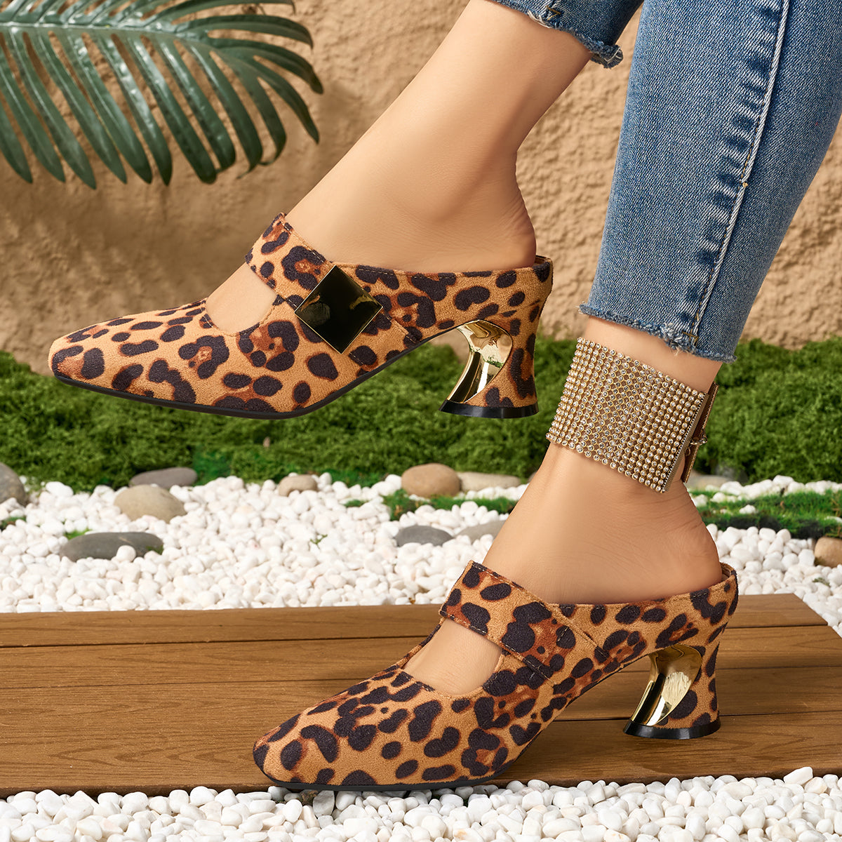 Elegant Women's Small Square-Toe Leopard Print Ankle Strap Chunky Heel Mule High Heel Sandals, Women Shoes