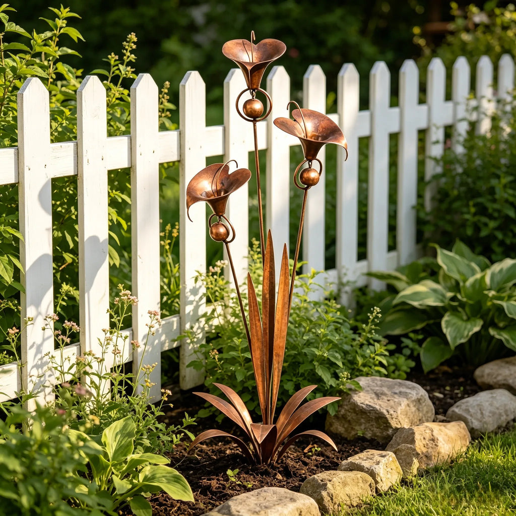 Flamed Copper Three Calla Lilies Garden Stake with Bells. 28 Handcrafted Outdoor Yard Art