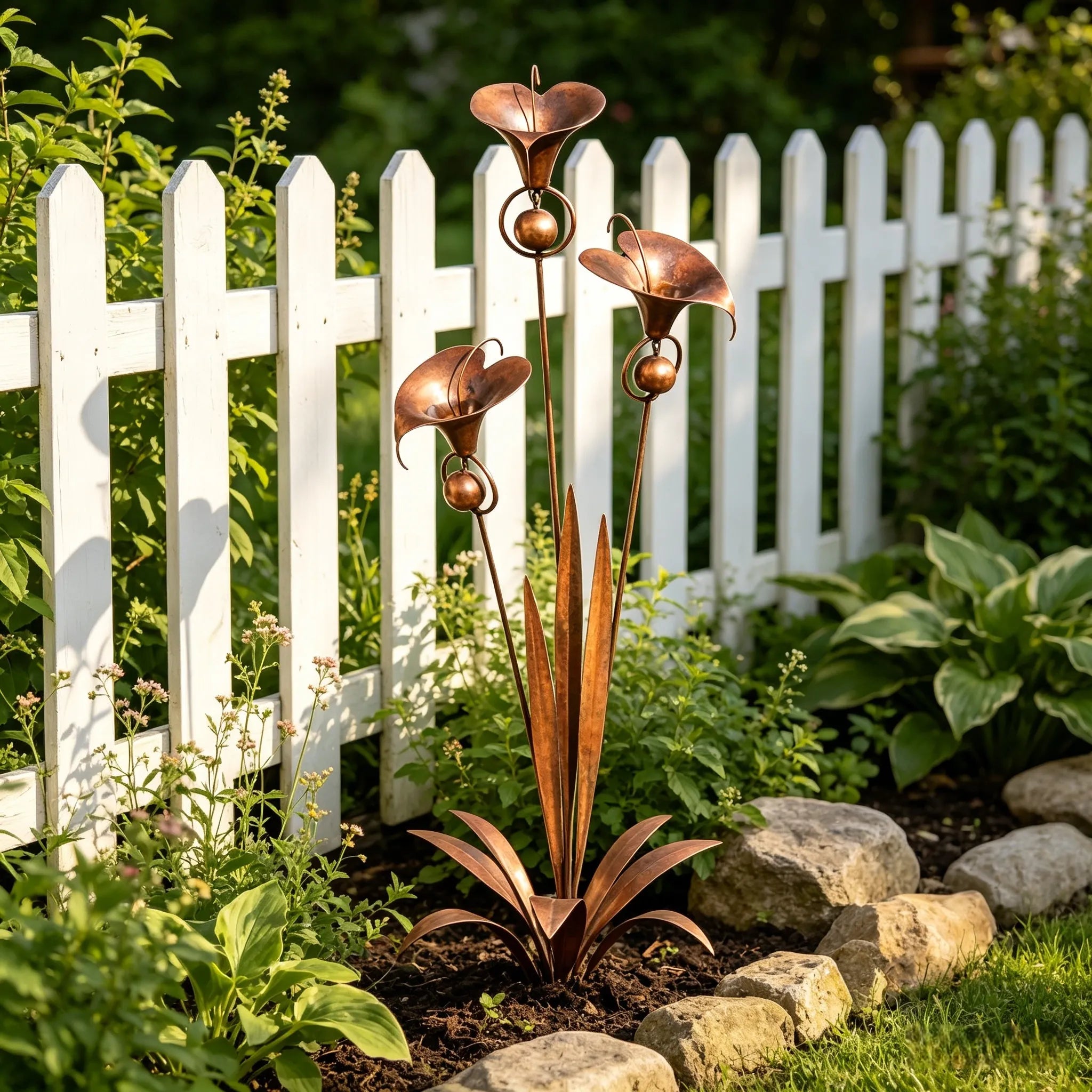 Flamed Copper Three Calla Lilies Garden Stake with Bells. 28 Handcrafted Outdoor Yard Art