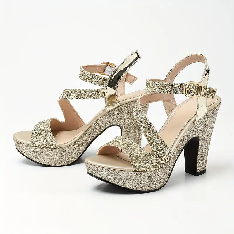 Elegant Women's All-Season Versatile Chunky Heel Sandals, Metallic Round-Toe Hollow Fashion Shoes, Essential for Parties, Nightclubs, and Professional Occasions, Women Shoes