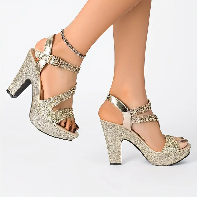 Elegant Women's All-Season Versatile Chunky Heel Sandals, Metallic Round-Toe Hollow Fashion Shoes, Essential for Parties, Nightclubs, and Professional Occasions, Women Shoes