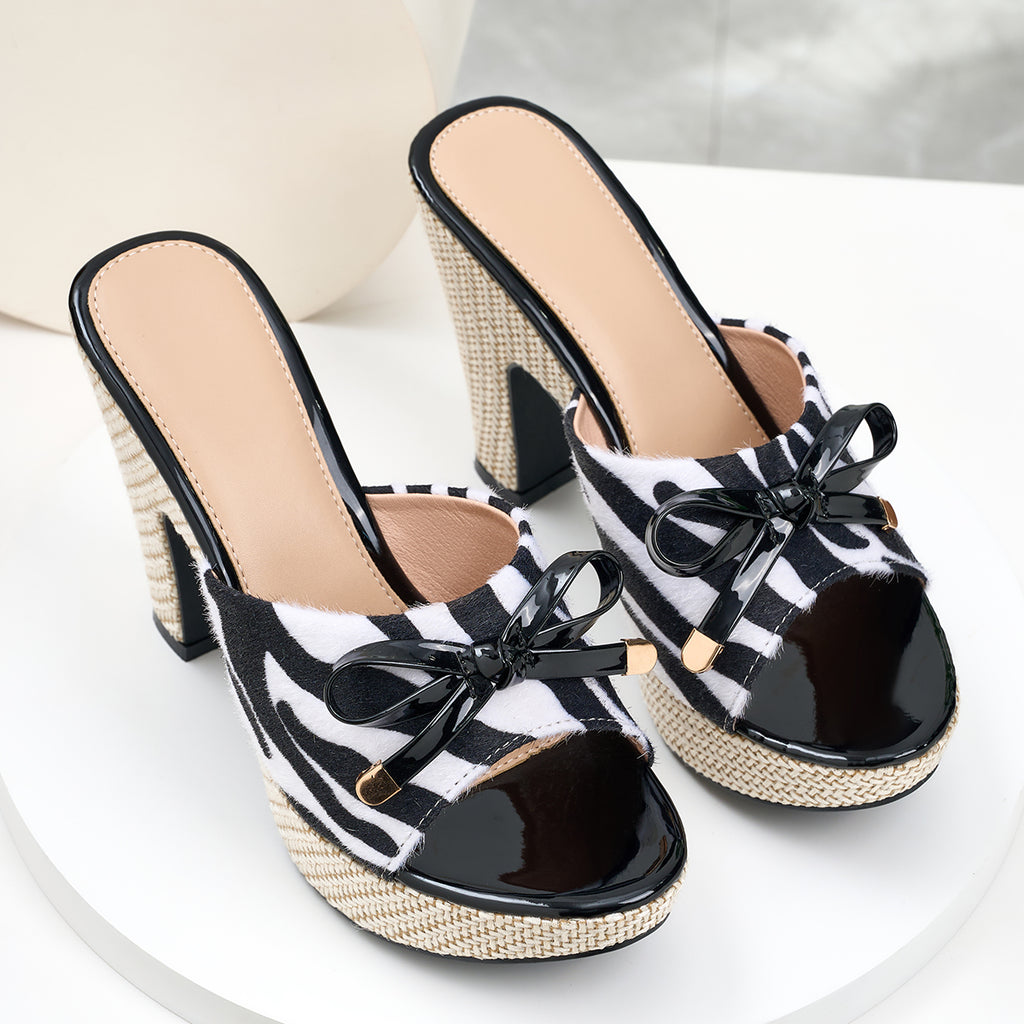 Elegant Women's Zebra Print Bow Open-Toe High Heel Sandals, Women Shoes