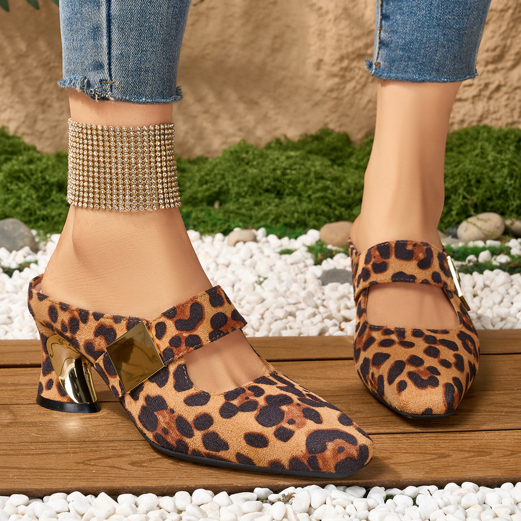 Elegant Women's Small Square-Toe Leopard Print Ankle Strap Chunky Heel Mule High Heel Sandals, Women Shoes