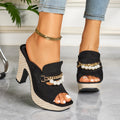Elegant Women'S Chunky Heeled Sandals with a Bohemian Style, Featuring Comfortable And Pearl Chain Details. These Slip-On Shoes Are Versatile for Casual Outings, Parties, And Dances., Women Shoes