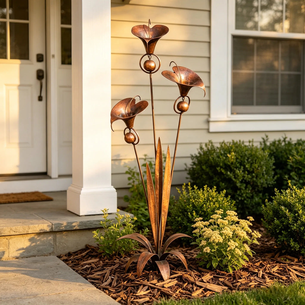 Flamed Copper Three Calla Lilies Garden Stake with Bells. 28 Handcrafted Outdoor Yard Art
