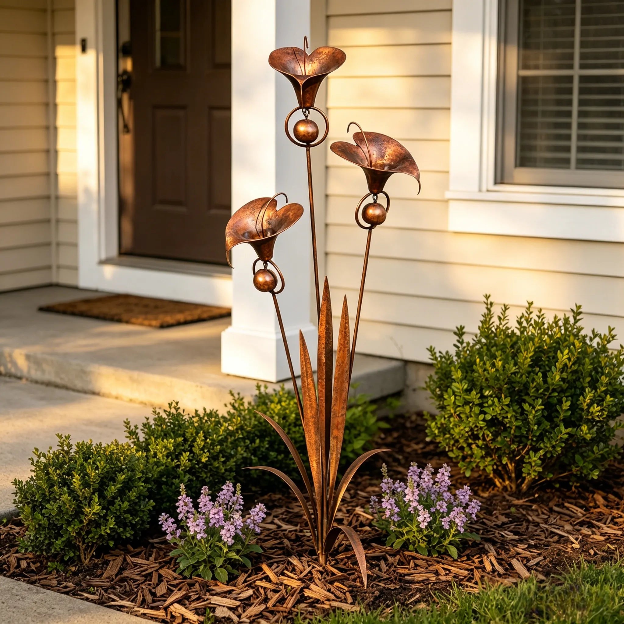 Flamed Copper Three Calla Lilies Garden Stake with Bells. 28 Handcrafted Outdoor Yard Art