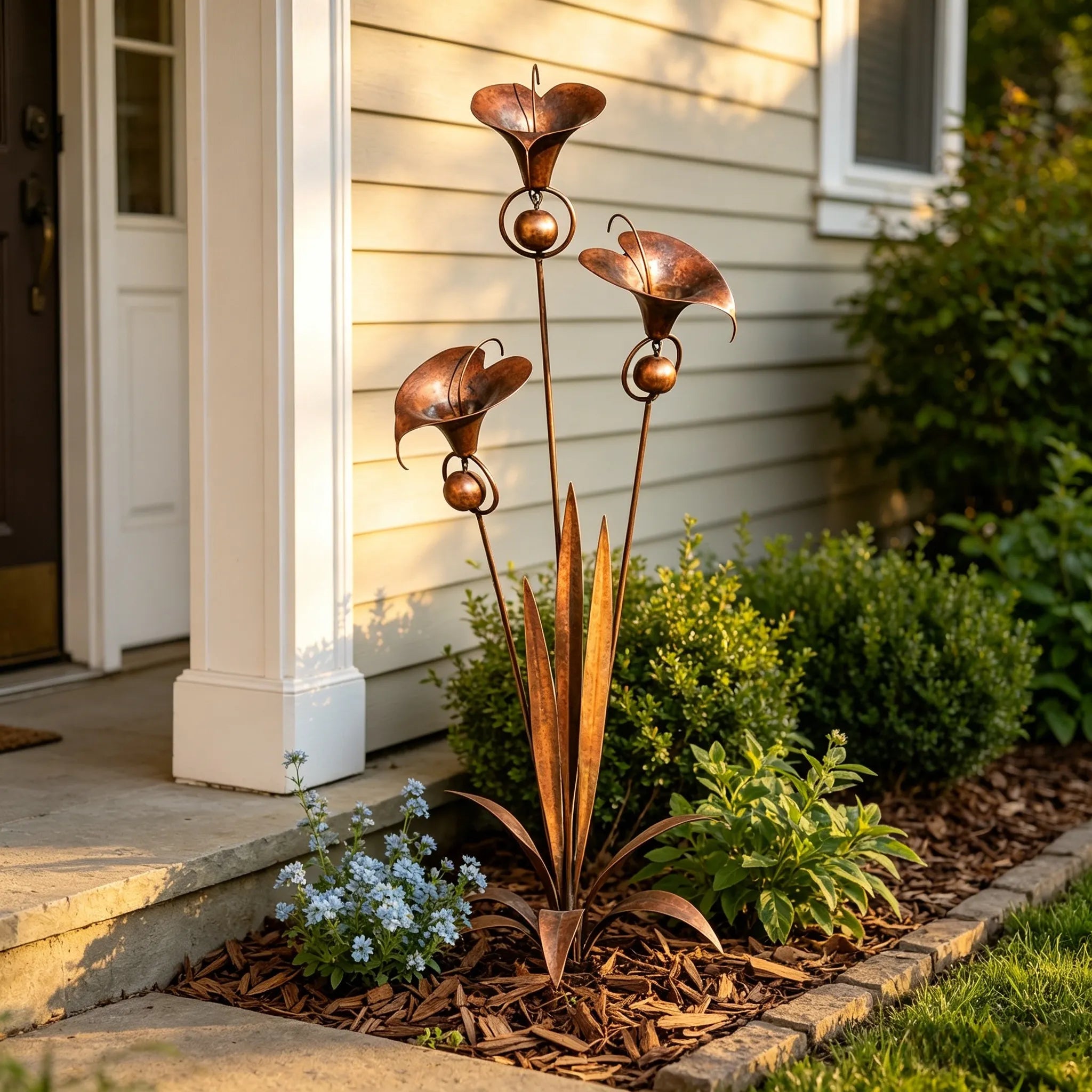 Flamed Copper Three Calla Lilies Garden Stake with Bells. 28 Handcrafted Outdoor Yard Art