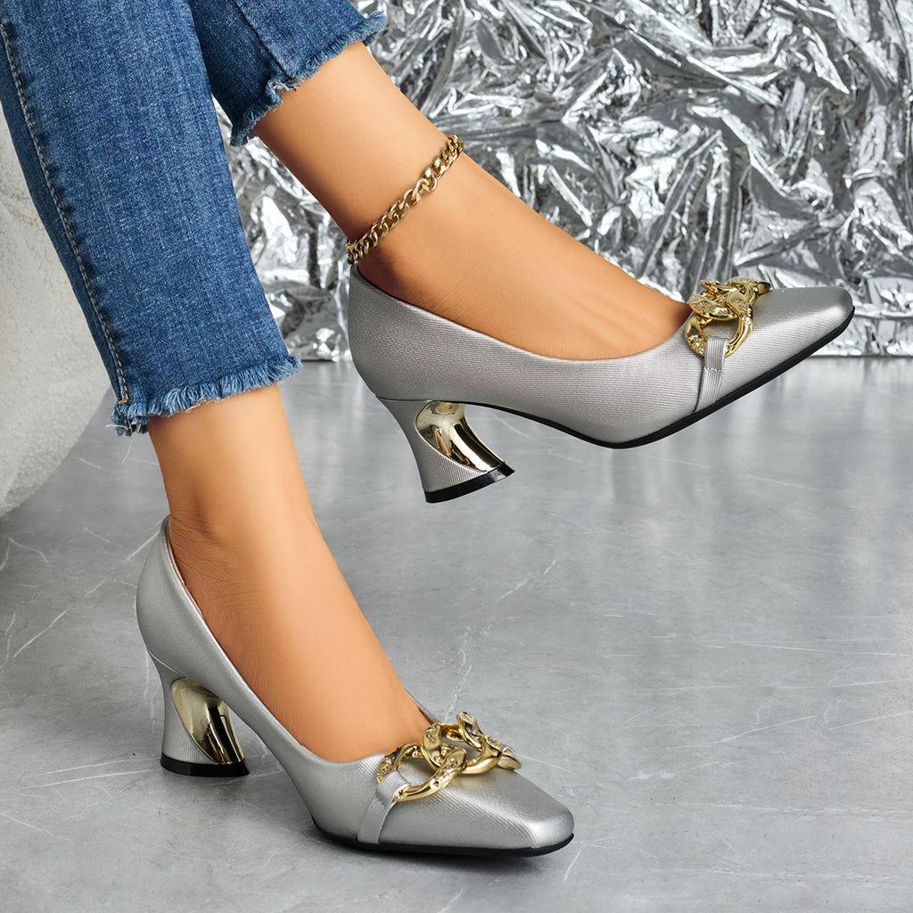 Elegant Women's Casual and Fashionable Small Square Metal Buckle High Heels, Comfortable and Versatile with Thick Heels, Suitable for Work, Leisure, Professional Parties, Women Shoes