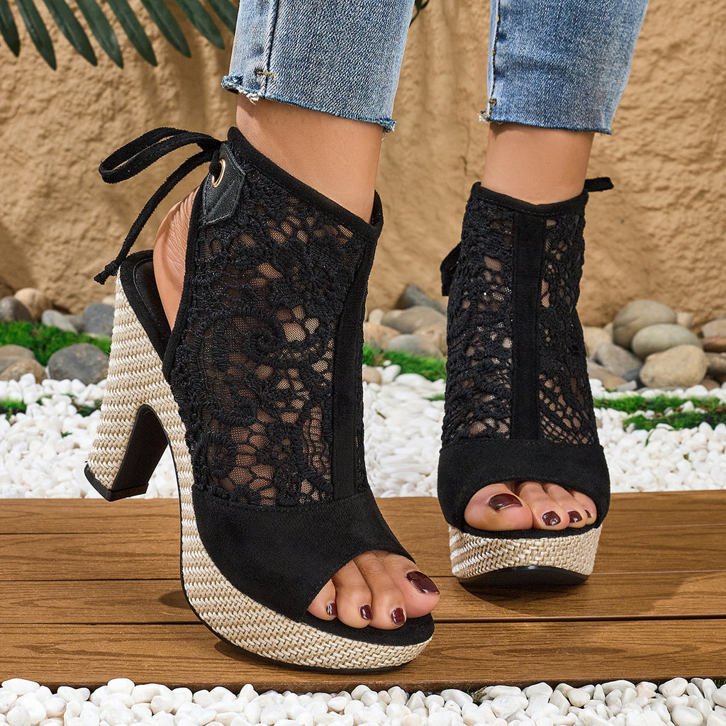 Elegant Bohemian-style Mid-calf Women's Sandals with Embroidery and Lace-up Design, Featuring a Thick Platform and High Heel for Comfort and Style. Suitable for Banquets, Parties, Work, and Various Occasions, Women Shoes