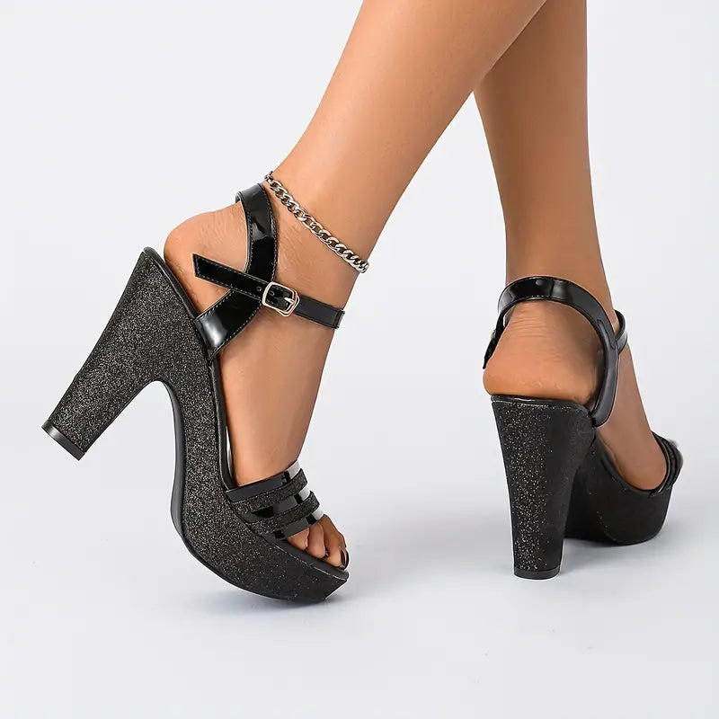 Elegant Women'S Chunky Heeled Sandals in Metallic Color, Featuring a Round Toe And Hollow Design, Perfect for Parties And Weddings., Women Shoes